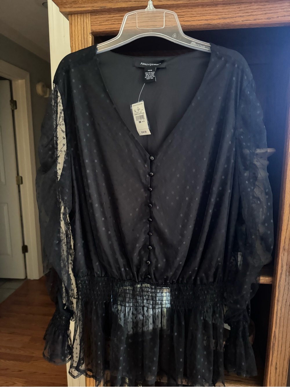 Ashley Stewart Black Sheer Polka-Dot Button Blouse